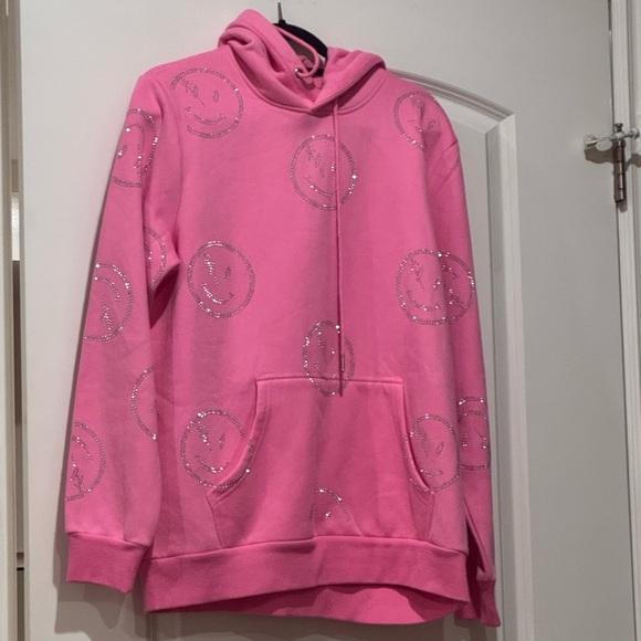 Celeb loved RETRO VERT Pink Hoodie with rhinestone Smiley Face Design - UNISEX - Picture 1 of 7